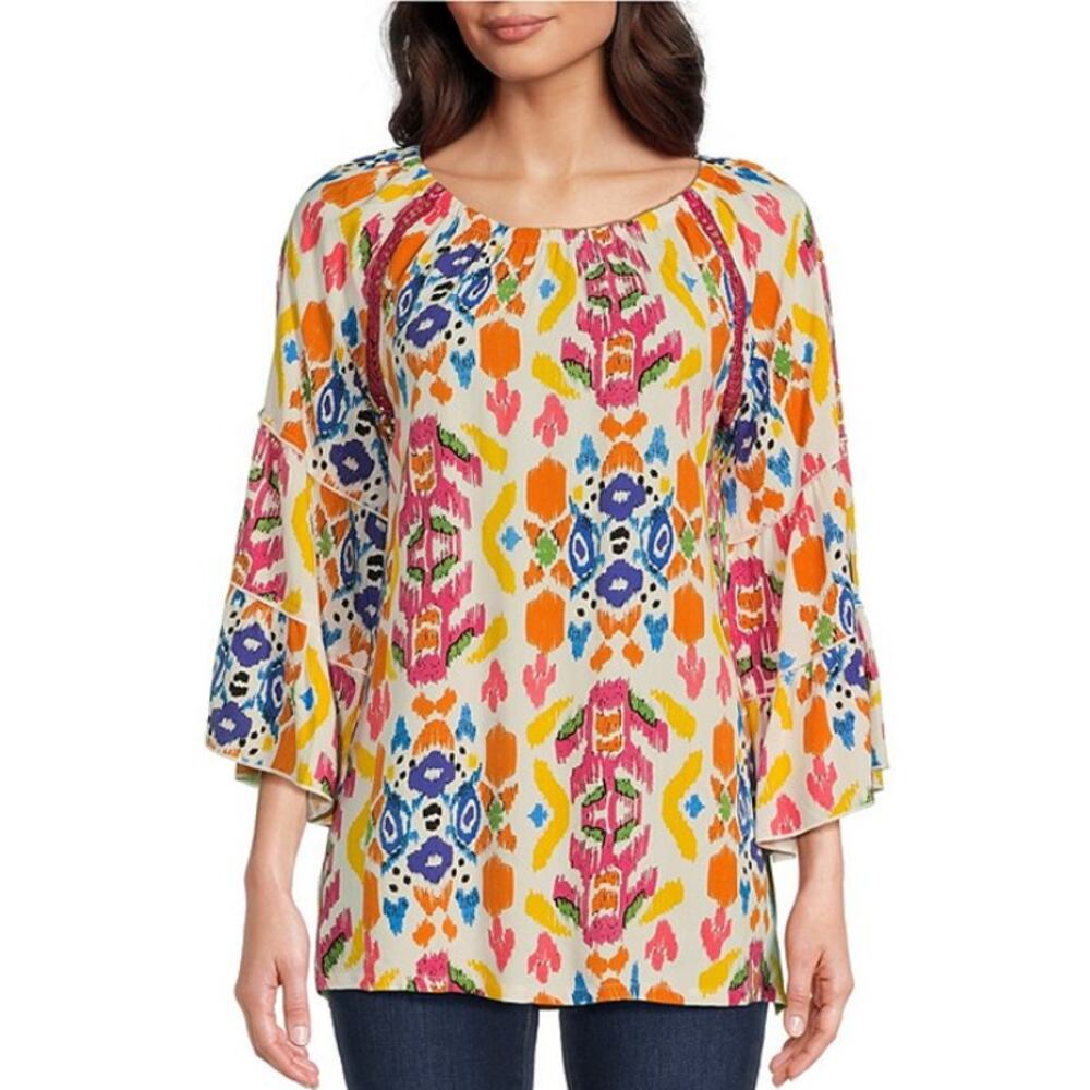 New Calessa Abstract Ikat Print 3/4 Tiered Sleeve Tunic Shirt Size Small